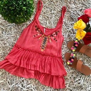 🐘Free People embroidered ruffle tank S